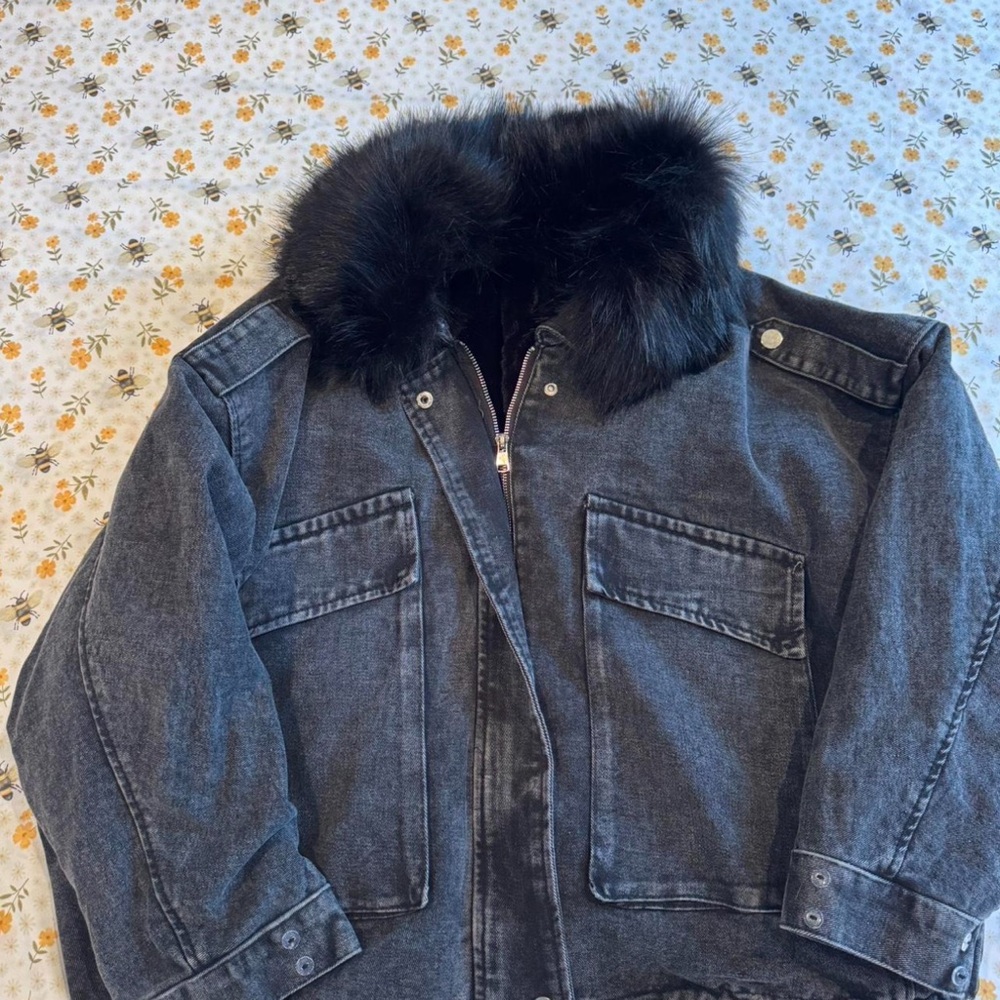 Women's Black Denim Jacket with Faux Fur Collar